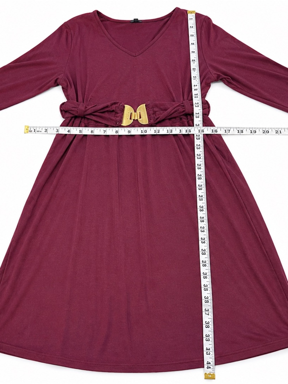 BLOOMCHIC Burgundy V-Neck Gold Buckle Midi Dress 14-16 - Picture 5 of 6